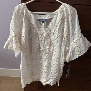 Democracy Woven Bubble-Sleeve Bohemian Top with sequin embroidery details
